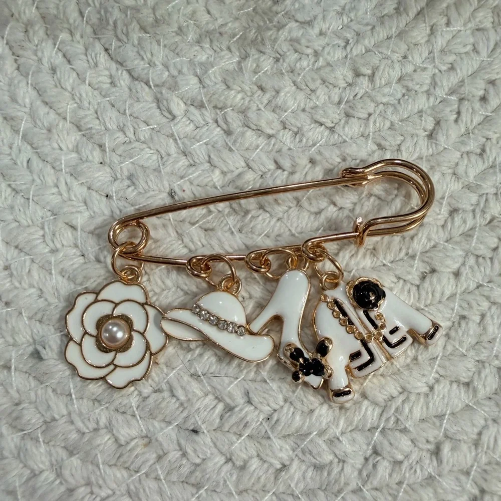 Gold and Ivory Fashion Icon Charm Brooch - NIB